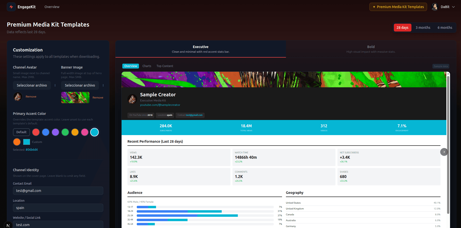 EngageKit media kit builder showing the Executive template with channel stats and audience demographics